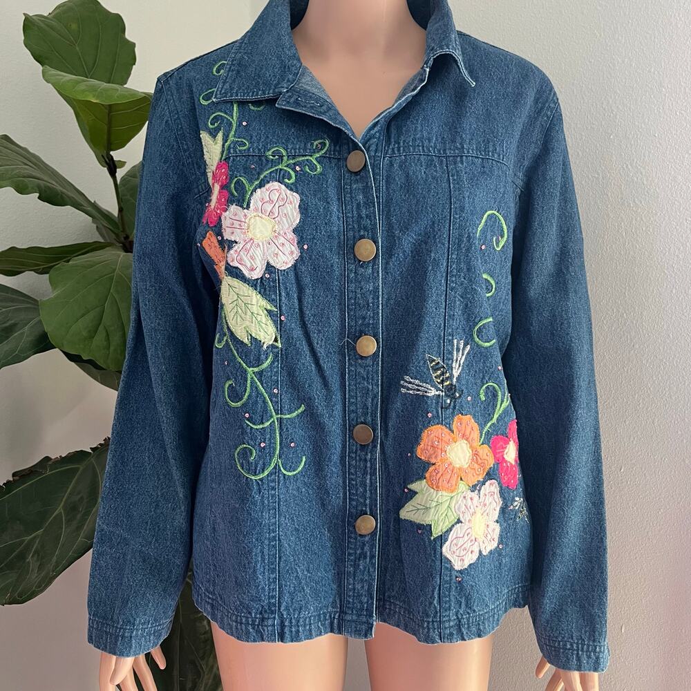 Vintage 90s Tapestry Patch Floral Embroidered Denim Jacket